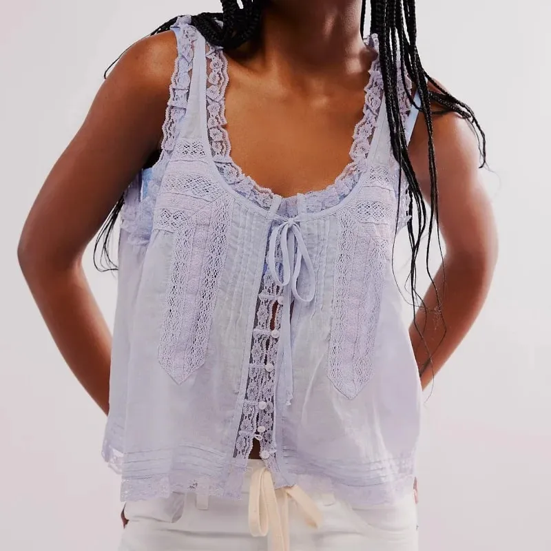 Y2K Button-up Lace Trim Patchwork Cami Tops Loose Fit Round Neck Vest Sleeveless Outwear Gilet Crop Tank Tops for Women — image 7