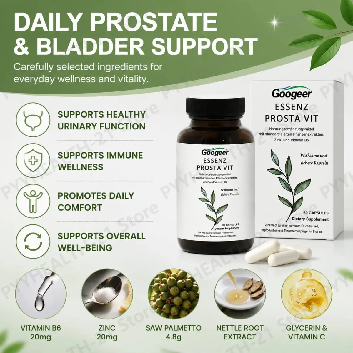 Googeer Prosta Vit Essenz Capsules with Saw Palmetto Zinc Vitamin B6 Supports Prostate Urinary Health Daily Comfort 60 Count — image 2