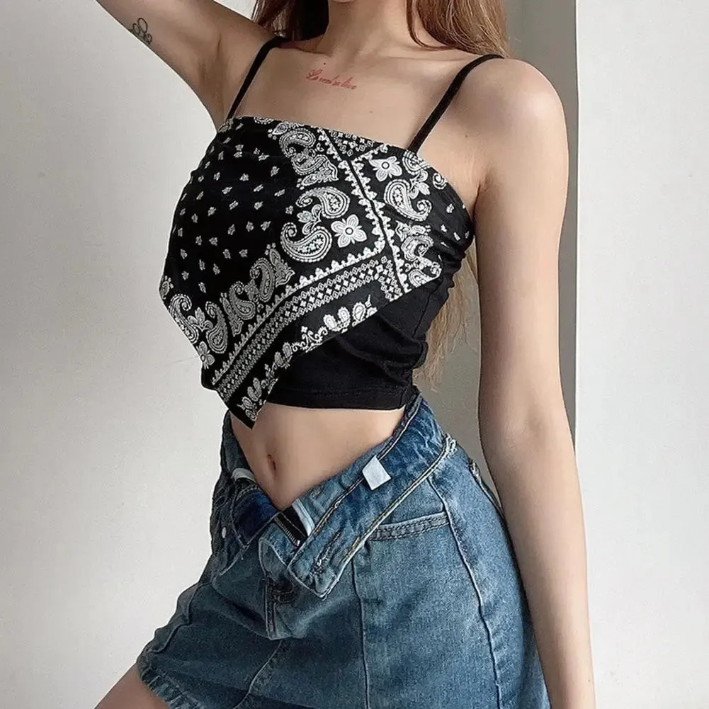 Summer Sling Vest Square Collar Sleeveless Retro Printing Camisole Slim Fit Tank Top Women Cami