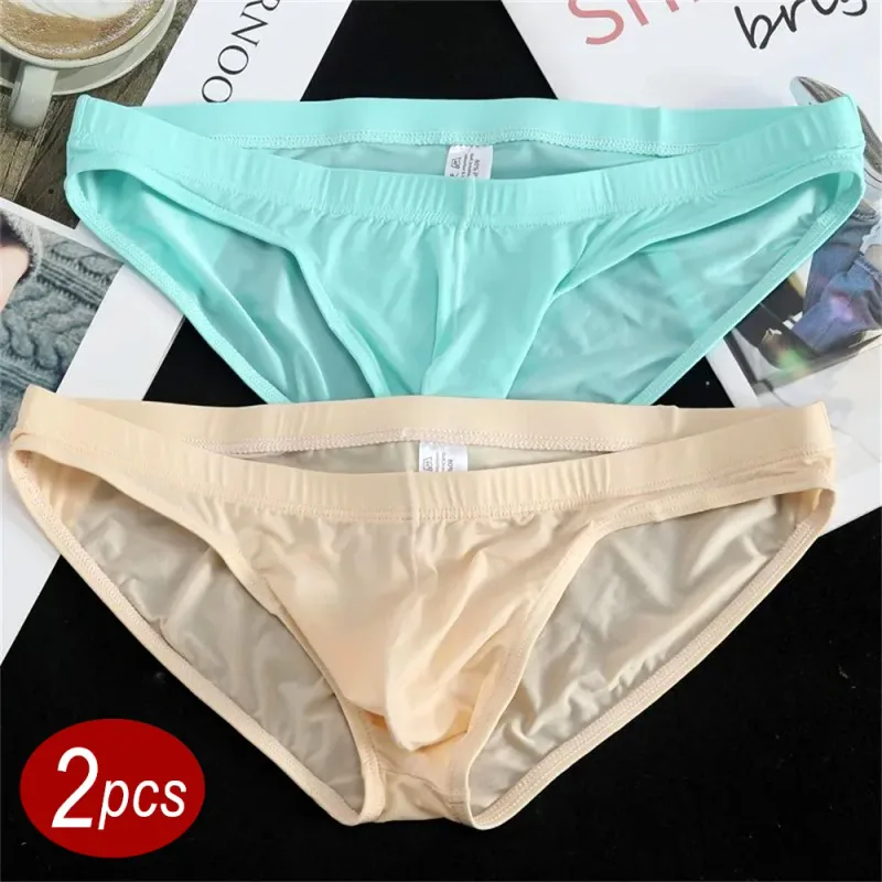 2Pcs Sexy Ice Silk Briefs Men Bulge Pouch Plus Size Underwear Hombre Ropa Interior Ultra Thin Panties Plus Size — image 2