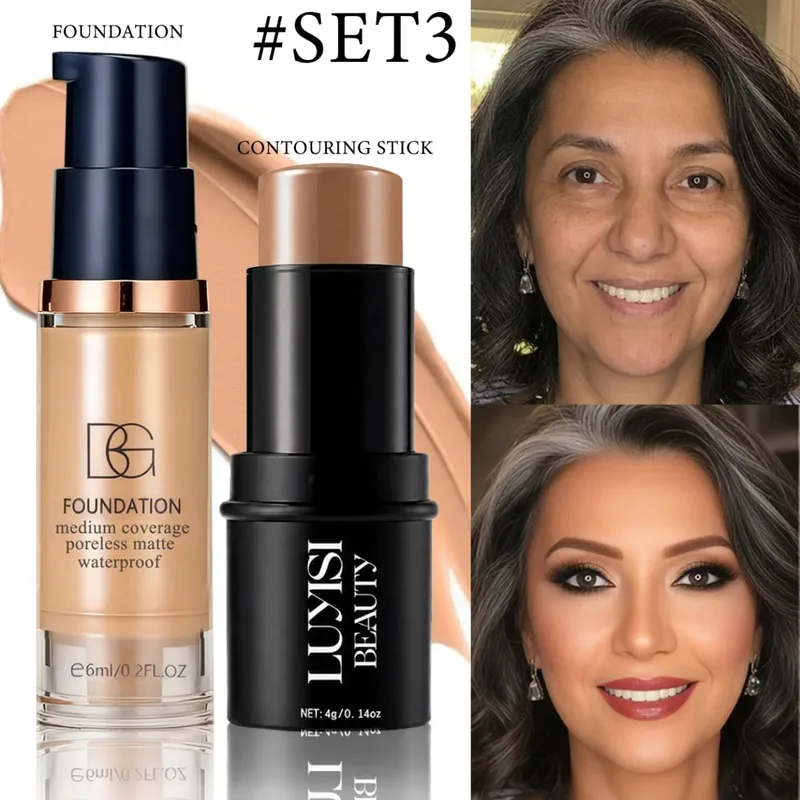 2pcs Face Makeup Set:1pc Foundation+1pc Contour Stick.Long-Lasting Waterproof Full Coverage Natural Finish Mini And Easy To Car — image 3