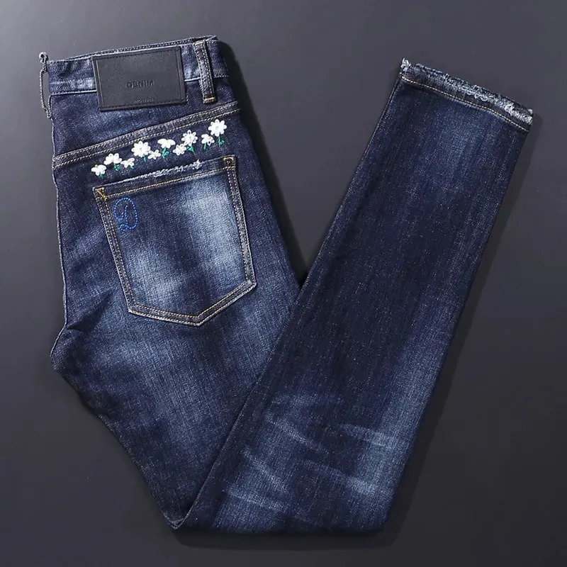 High Street Retro Blue Elastic Split Style Jeans for Men Hip-Hop Designer Embroidery Brand Tight Fit Casual Pants — image 2