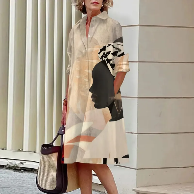 Women's Long Work Dresses Turtleneck High Waist Tie Button Face Pattern Printed Shirt Dresses Button Loose Spring and Summer — image 16