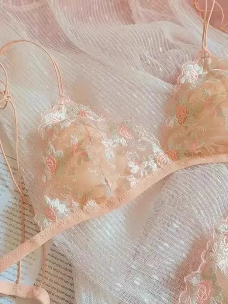 French pure Desire Embroidered Lace Dream Triangle Cup Without Underwire Thin Belt Small Bra Set Ultra-thin Sexy Bra Set — image 3