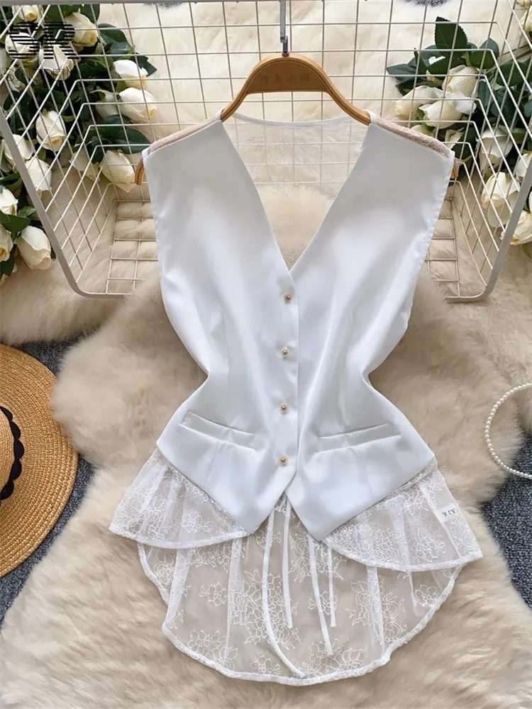 Backless Sexy Tank Vest Sleeveless Single Breasted V Neck Spliced Lace Skinny Sheer Irregular Summer Women Design Tops