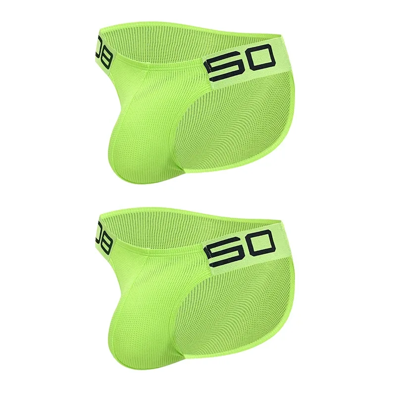 Calzoncillos transpirables de malla de mezcla de nailon para hombre, ropa interior Sexy de Color fluorescente con letras de empalme de cuerno en relieve, cinturilla elástica ancha