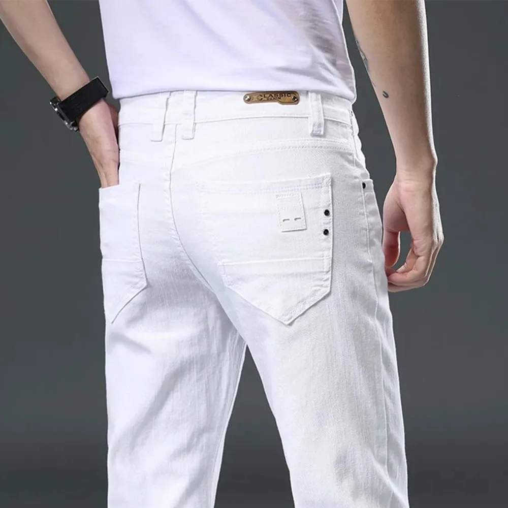 2025 סתיו גברים לבן Slim Fit ג'ינס ישר מכנסי ג'ינס מתיחה מקרית אופנה נוחה בגדי מותג גברים בגדי רחוב — image 1