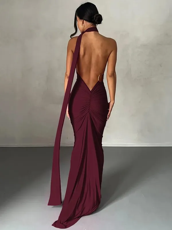 Hugcitar One Shoulder Rygløs justerbar tørklædeløkke Ruched Sexet Maxikjole 2025 Kvinder Elegant Y2K Streetwear Festival Outfit