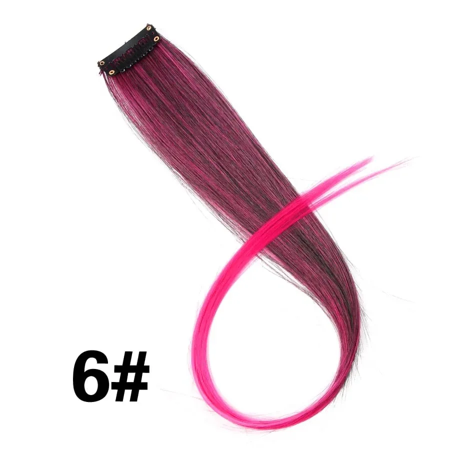 Straight Colored Hair Piece Hair Extensions Clip In Highlight Rainbow Hair Pink Blue Purple Synthetic On Clips For Women Girls — image 12