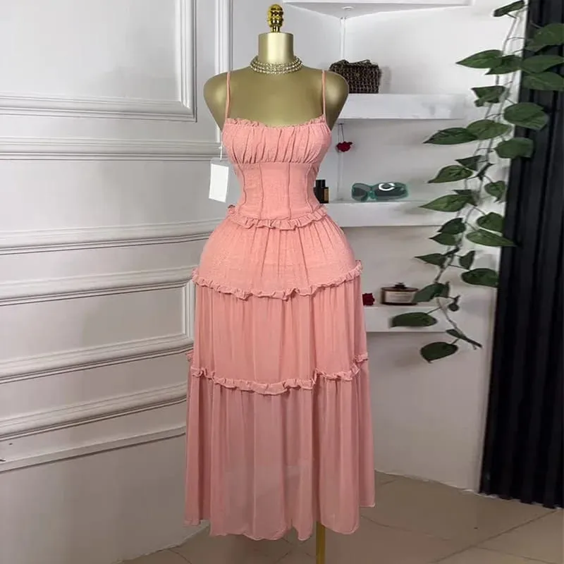 Women Strap Sleeveless Ruffles A-line Midi Maxi Long Dress 2025 Summer Beach Holiday Vacation Vestidos Dresses — image 8