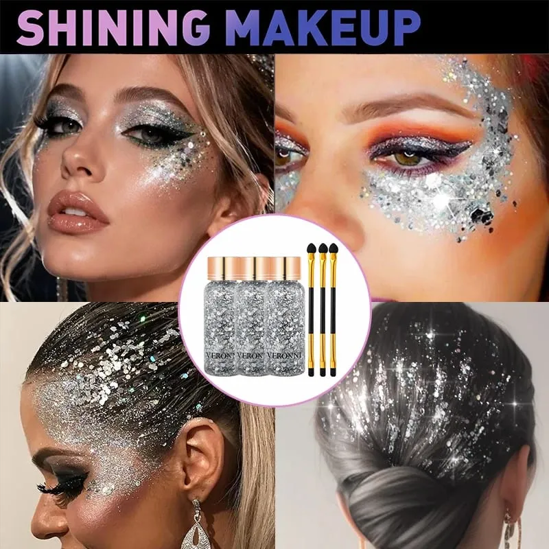 3Pcs Chunky Glitter Set With 3 Double-ended Eyeshadow Brushes For Festival Halloween Party Stage Photoshoot Face Body Makeup