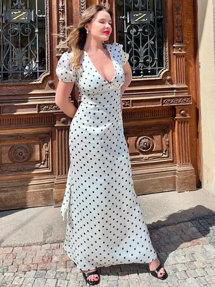 MO Sexy V-neck Print Polka Dot Women Maxi Dress White Short Sleeve Lace Up Dress Summer Slim Elegant Party Evening Dress