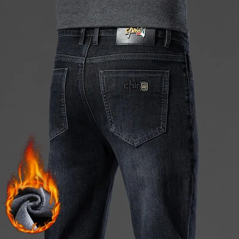 Winter Fleece Warm Men's Jeans Straight Stretch Classic Business Casual Thicken Denim Trousers Washed Fashion Velvet Male Pants