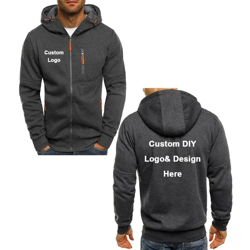 Hættejakke til mænd med lynlås og lommer Tilpasset logo Billedtekst Casual Sport Streetwear Herre Casual Cardigan Fashionabl
