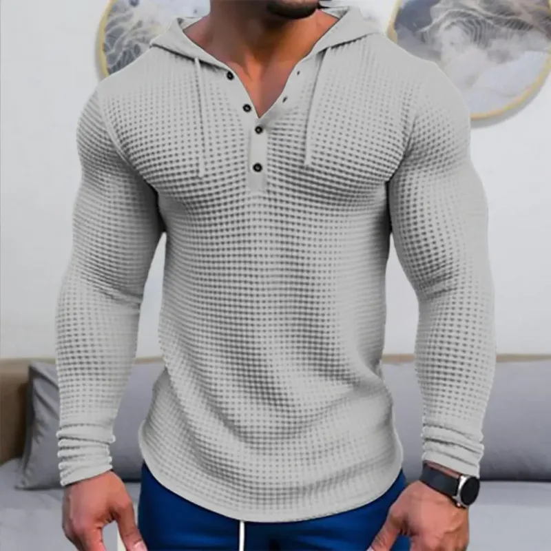Spring Solid Color Slim Fit Long Sleeved T-shirt Men's Hooded Breathable Sports Top Waffle Cotton Casual Long Sleeved Shirt