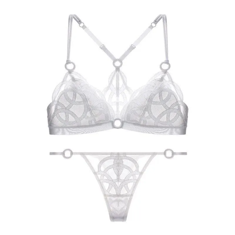 French Sexy Beautiful Back Lingerie Set for Women Thin Mesh Embroidery Wire Free Underwear Bra Suit Female Solid Lace Briefs