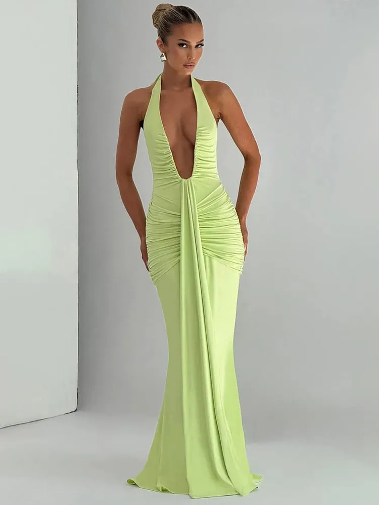 Mozision głęboki dekolt w szpic, drapowana, marszczona, seksowna sukienka Maxi, damska moda letnia Halter bez rękawów, bez pleców, klubowa długa sukienka na imprezę elegancka