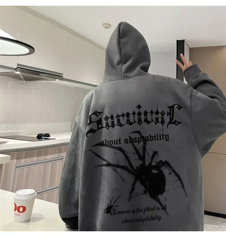 Autumn Gothic Spider Printed Hooded Sweatshirts Hombre Harajuku Streetwear Graphic Suede Hoodies Aesthetic Oversized Y2K Hoody