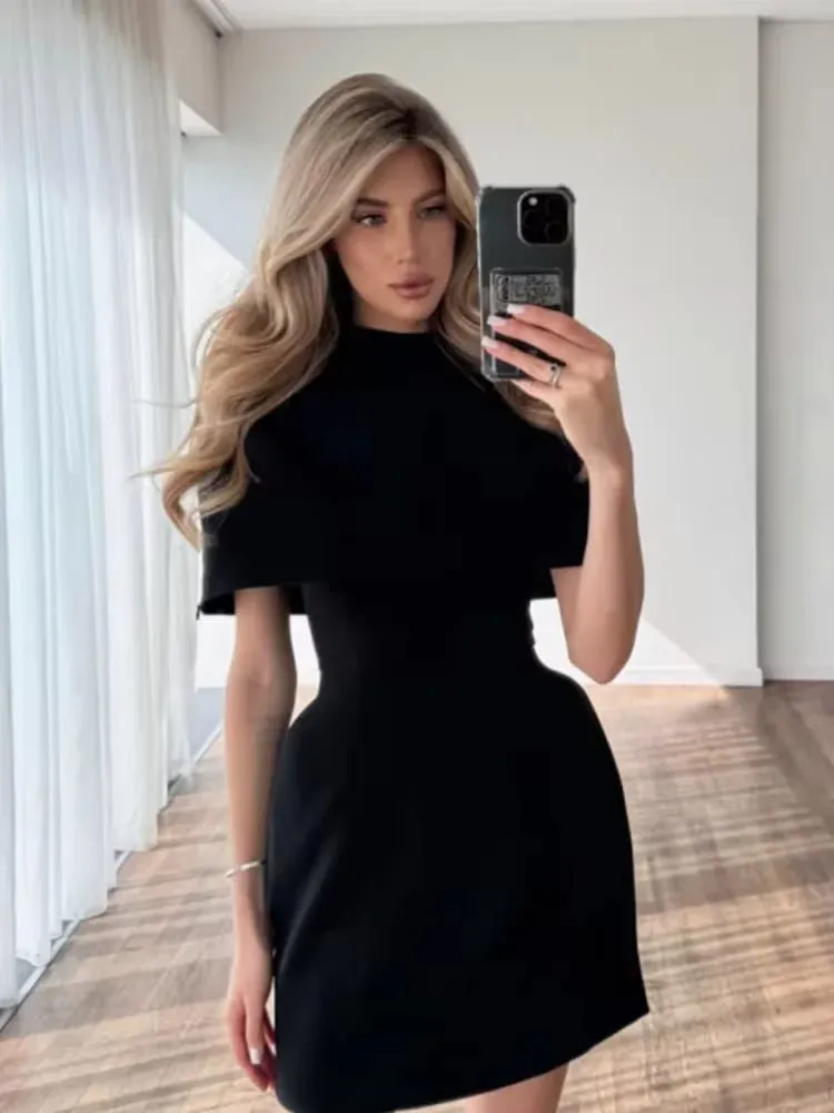 Solidna szalowa sukienka trapezowa damska elegancka wokół szyi wyszczuplająca talia wąska, krótka Mini sukienki 2026 Lady codzienna impreza wieczorowa Vestido