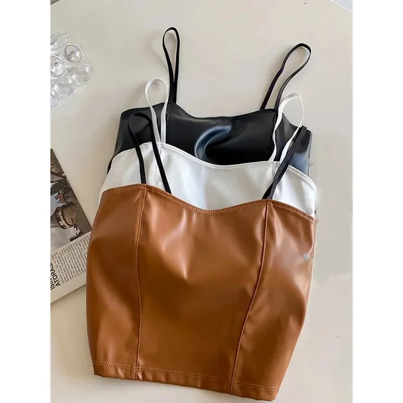Women PU leather camis underwear padded bra sexy tops Y2K crop tops elastic lace at back tank tops for women streetwear — image 4
