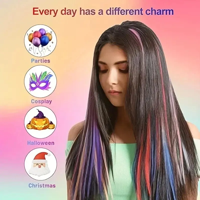 22Inch Colored Party Synthetic Clip in Hair Extensions for Girls Multi-colors Long Straight Hair Rainbow Hairpieces — image 4