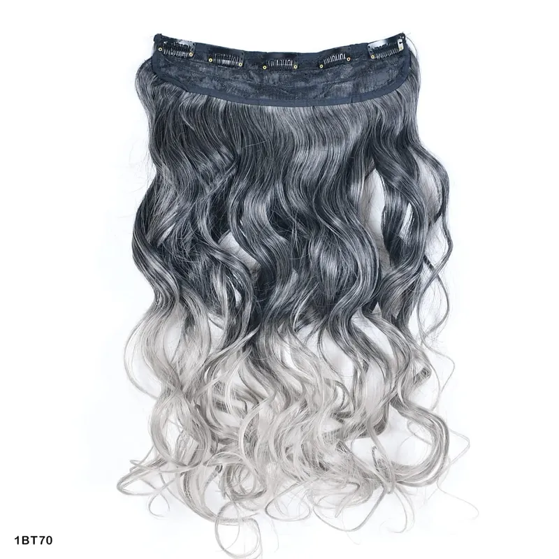Clip in One Piece Wavy Synthetic Hair Extension Long Straight Synthetic Black Gray Color GreyHairpieces — image 16