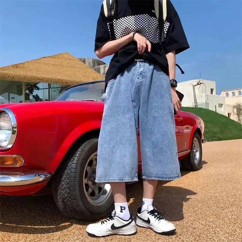 Jeans Pants Men Summer Short Jeans Big-Pockets Breeches Hip Hop Streetwear Baggy Denim Shorts Casual Wide-Leg Capris Pants — image 3