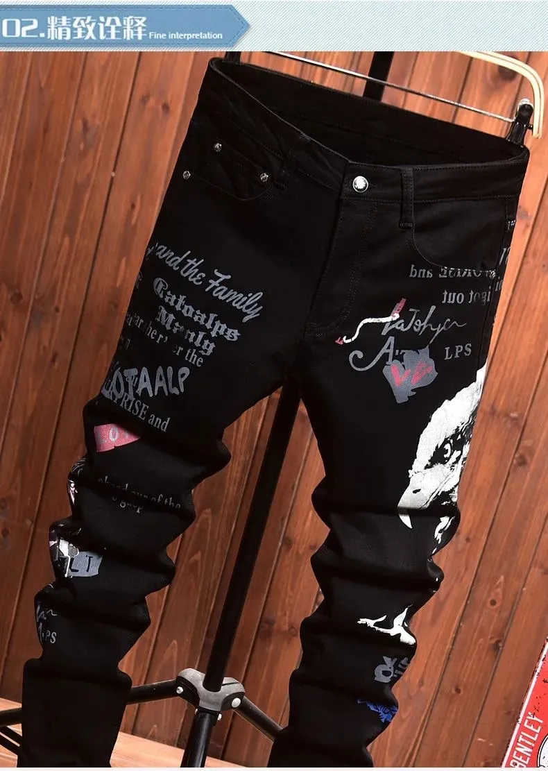 2025 Spring and Autumn New Fashion Trend Printed Black Straight Leg Jeans Men's Casual Comfort Breathable High Quality Pants — image 8