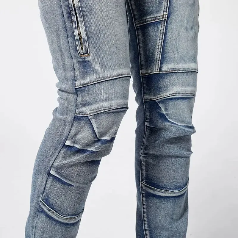 Two tone distressed patchwork jeans for men trendy jeans for summer thin straight leg pants slim fit small leg distressed jeans