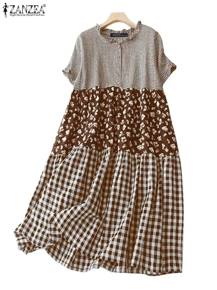 Women Plaid Long Dress 2024 Summer Holiday Pleating Stitching Shirt Dress Casual Loose Short Sleeve Robe Fashion Sundress — image 6