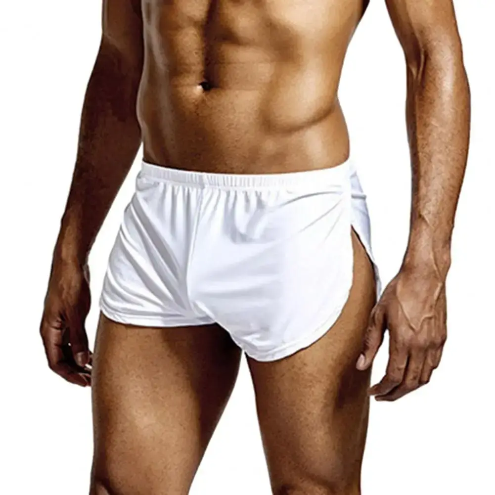 Homens cor sólida respirável shorts de cintura baixa calcinha elástica cintura lateral split gelo seda lounge shorts cuecas pijamas — image 5
