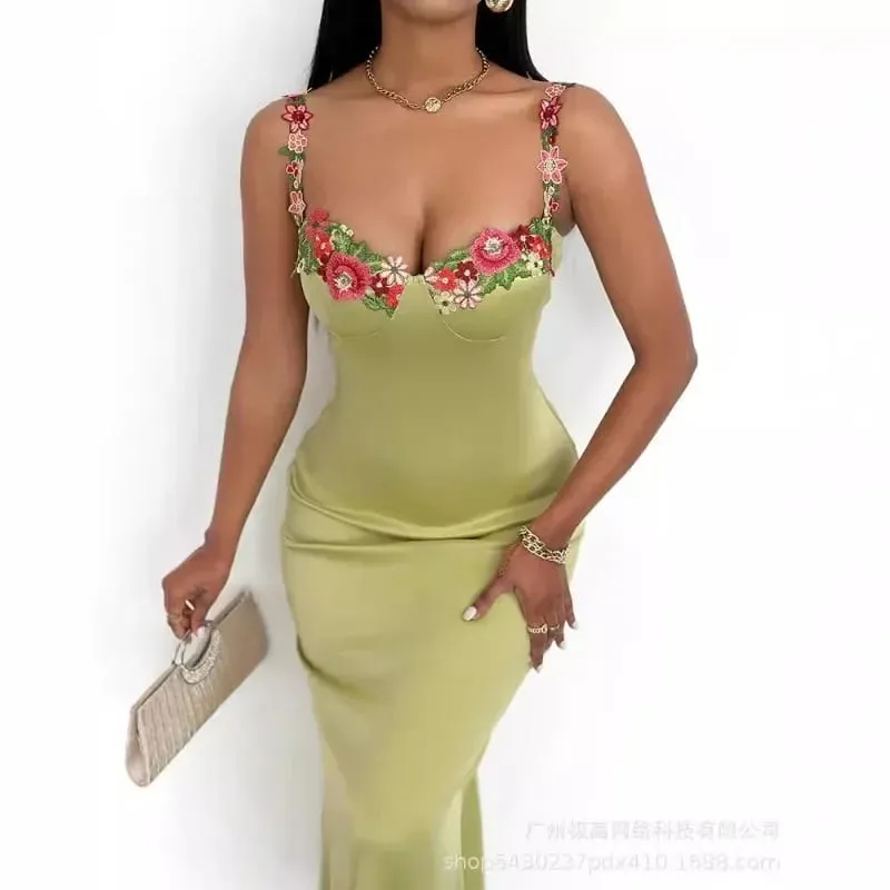 2024 Spring Summer New Women's Clothing Solid Color Embroidered Stitching Satin Sling Slim Dress — image 2
