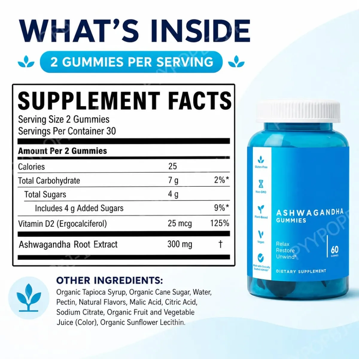 3-Pack Gummies Sæt: Ashwagandha til afstressning af tarmsundhed Probiotika + ACV Detox Vegansk Glutenfri Supplement 60 Ct hver — image 2