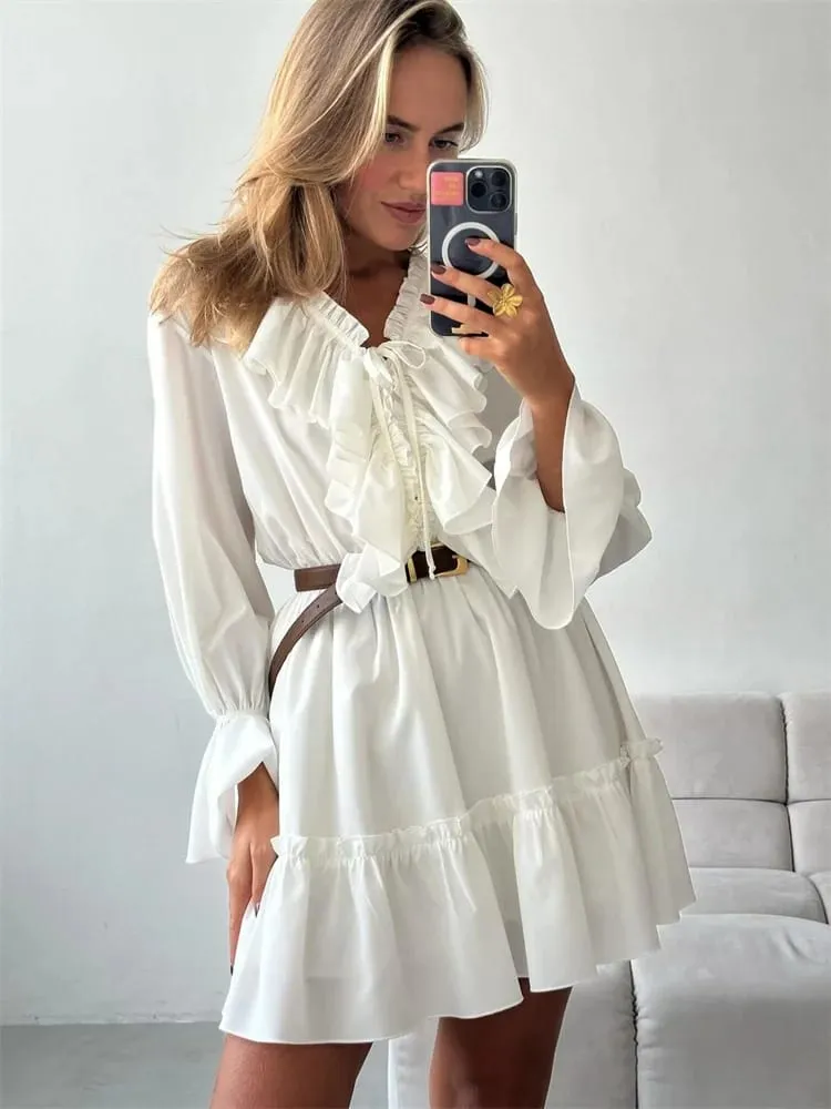 Tossy Ruffled V-Neck White Mini Dress Female Patchwork Long Sleeve Elegant Bandage Fashion Dress High Waist Lace-Up Women Dress — image 6
