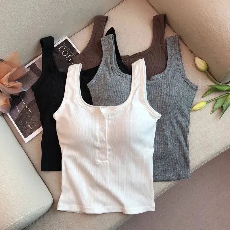 Women's Solid Color Spaghetti Straps Sleeveless Slim Camisole with Chest Pad Summer Wear Outside Female Short Tops Vests — image 3