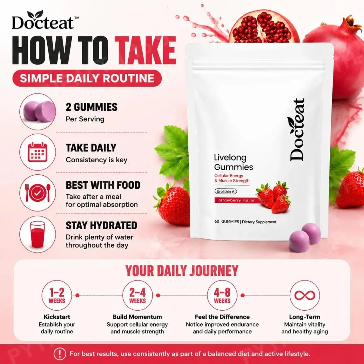 Docteat Urolithin A Gummies 500mg per porzione Gusto Fragola Supporto quotidiano per il benessere cellulare 60 caramelle gommose per uomini donne — image 5