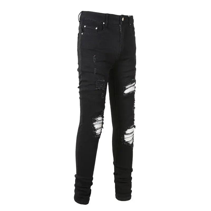 Men Cracked Silver Leather Patch Biker Jeans Streetwear Skinny Tapered Stretch Denim Pants Holes Ripped Patchwork Black Trousers — image 2