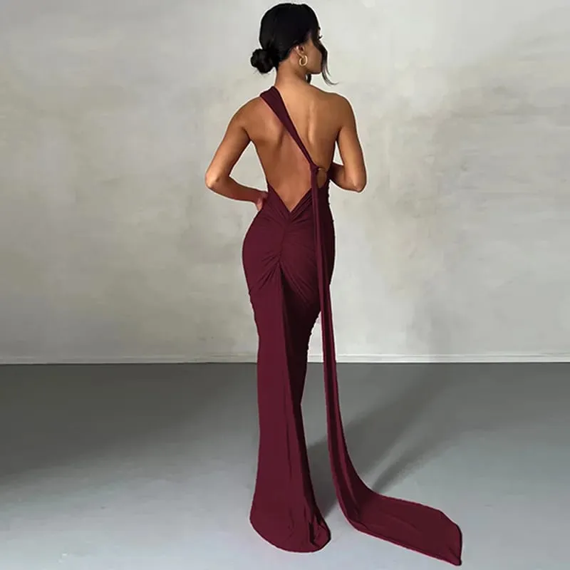 Hugcitar One Shoulder Backless Adjustable Scarf Loop Ruched Sexy Maxi Dress Women Elegant Y2K Streetwear Festival Outfit — image 8