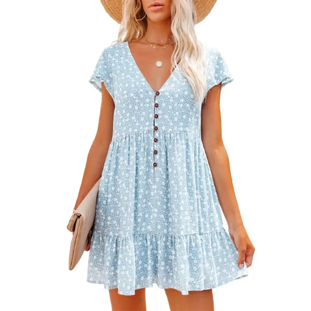 In Europe and the spring and summer independent stand v-neck button small broken flower loose women's leisure dress with short s — image 3