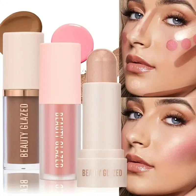 3pcs Face Highly Pigmented Liquid Contour Makeup Set Long Lasting Natural Contour Contouring Bronzer (Contour+Blush+Highlighter)