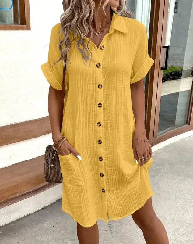 Sexy Button Loose Blouse Dress Summer Female Turn Down Collar Breasted Button Short Sleeve Pocket Beachwear Dresses SZE-ST24056 — image 10