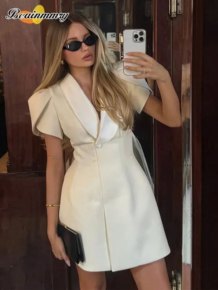 Contrast Lapel Collar Blazer Mini Dress Elegant Waist Cinching Puff Sleeve Bodycon Dresses Lady Chic Urban Fashion Daily Outfit — image 4