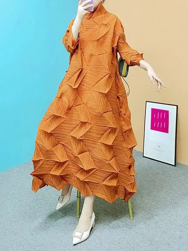 Pleated Maxi Dress For Women Turtleneck Solid Color Loose Style Female Fashion Clothing 2025 Spring Summer New 2DA3596 — image 9