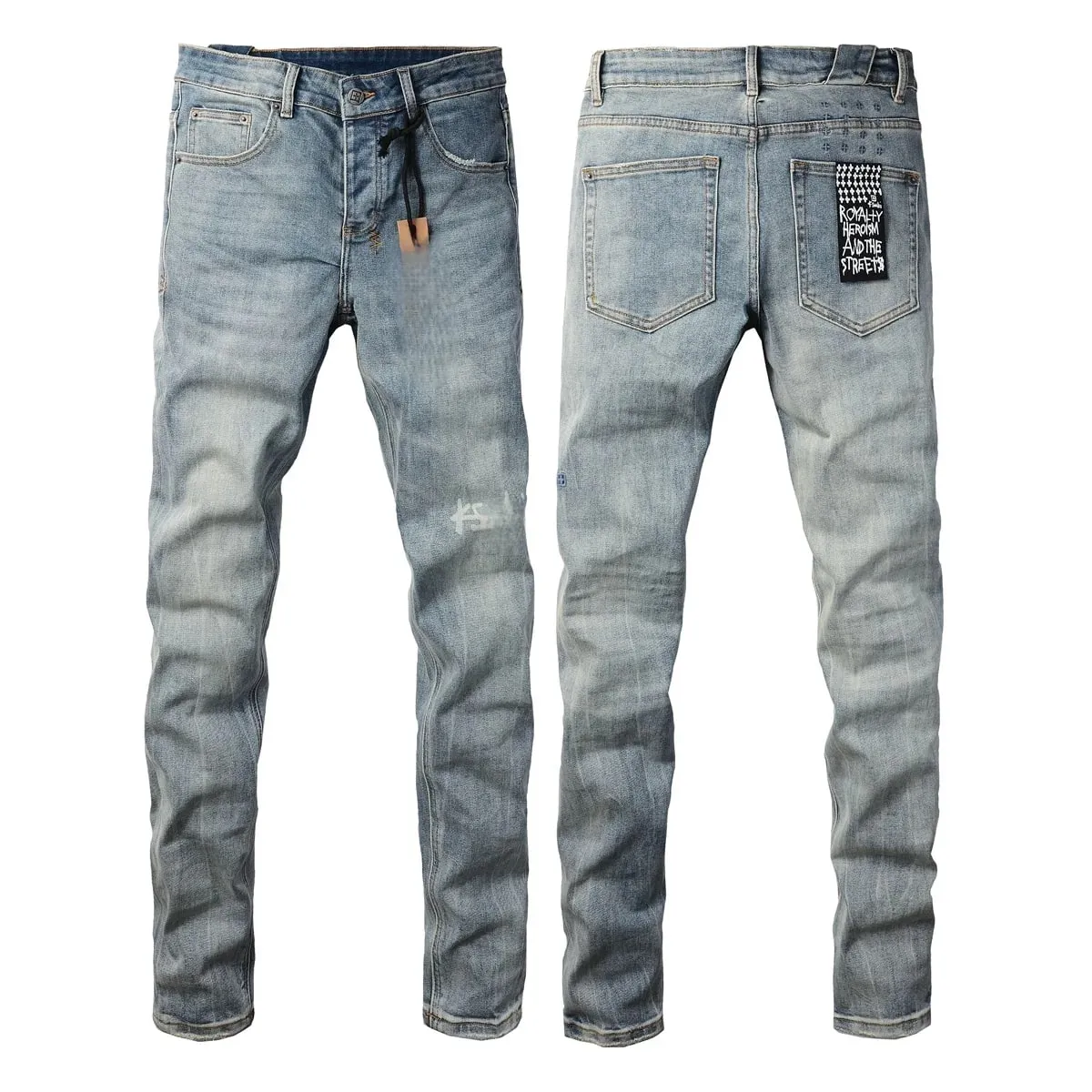 Men's High Street Light Blue Washed Distressed Denim Jeans With Embroidered Letter Motif Button Fly Suitable For All‑Season Wear — image 8