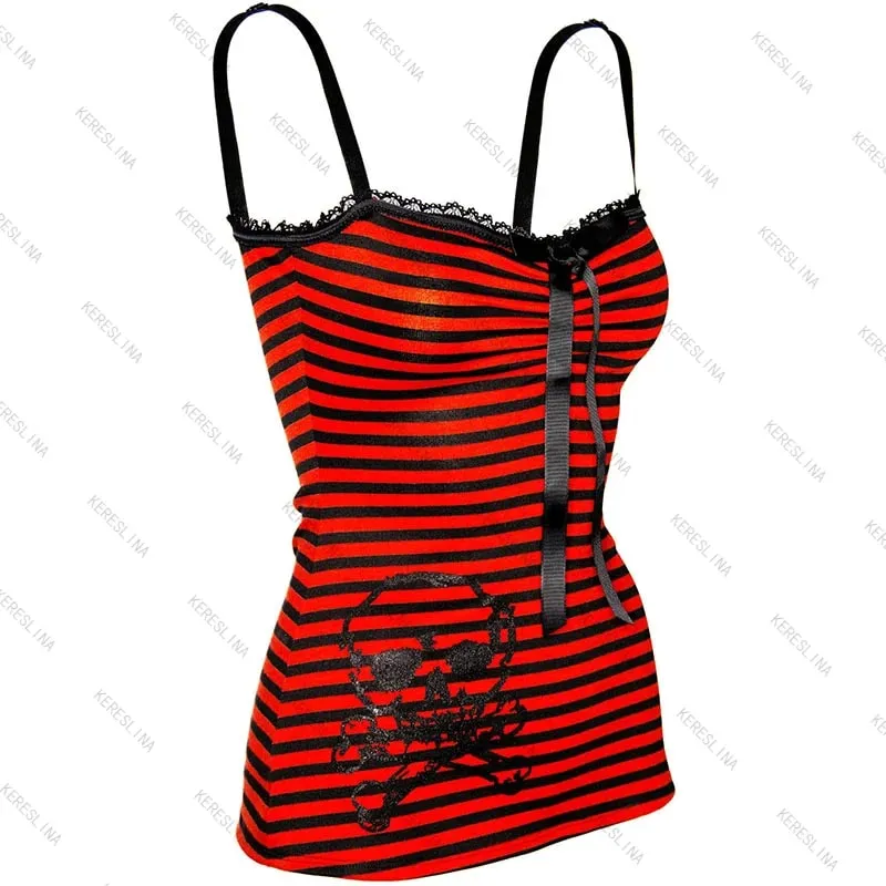 Millennial Style Y2K Skull Lace Bow Striped Halter Top Punk Goth Harajuku Style Top Summer Spice Girls Aesthetic Slim Streetwear — image 4