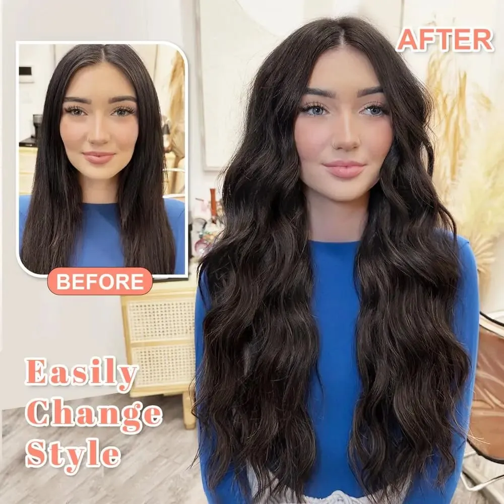 Clip-in-Haarverlängerung, lang, gewellt, Kunsthaar, 61 cm, Schwarz, 6 Stück, dicke Haarteile, Faser-Doppelschusshaar für Frauen — image 5