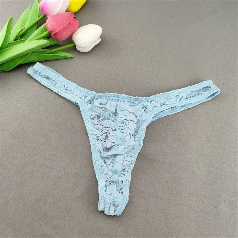 Lace Floral Sexy Men's Underwear Solid Hollow Perspective Thong Comfort Bugle Enhance Sissy G-String Gay Low Rise T-back Panties — image 27