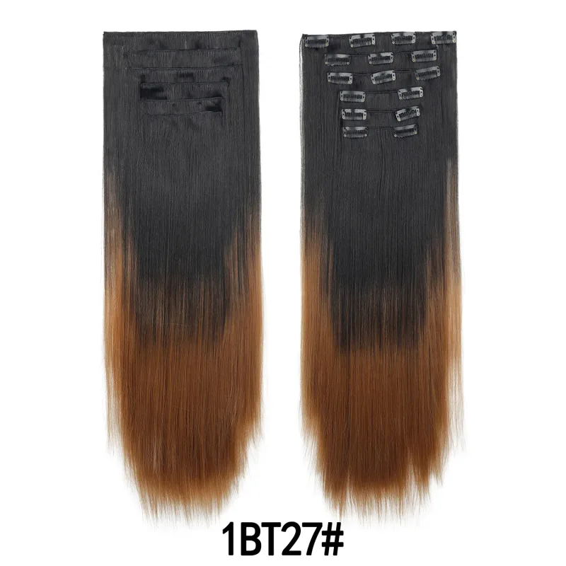 6 ks 24palcových Ombre Color Clip-in prodloužení vlasů Dlouhé syntetické rovné příčesky Vrstvené měkké neviditelné Clip In prodloužení — image 8