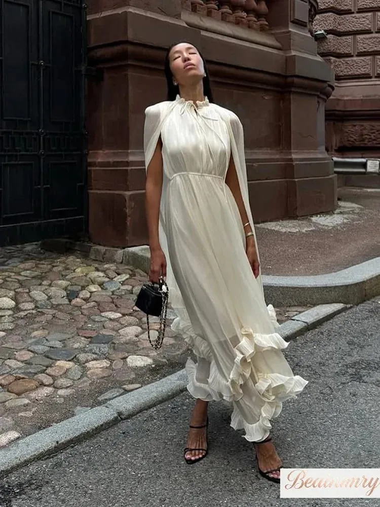 Solides mehrschichtiges Maxikleid mit Rüschen für Damen, elegant, ärmellos, schulterfrei, hohe Taille, Kleider 2026, Urlaub, weibliche Kleidung — image 4