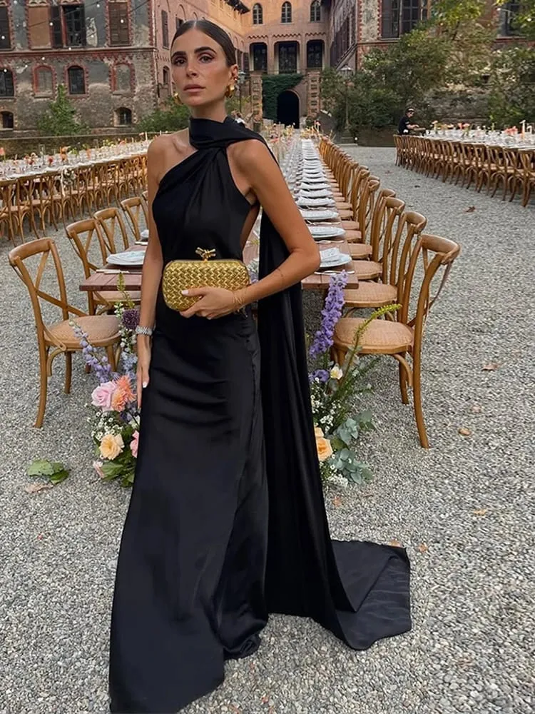 Ribbon Hanging Neck Long Dresses Women Printed Sleeveless Backless Slim High Waist Halter Party Dress 2025 New Hip Package Robe